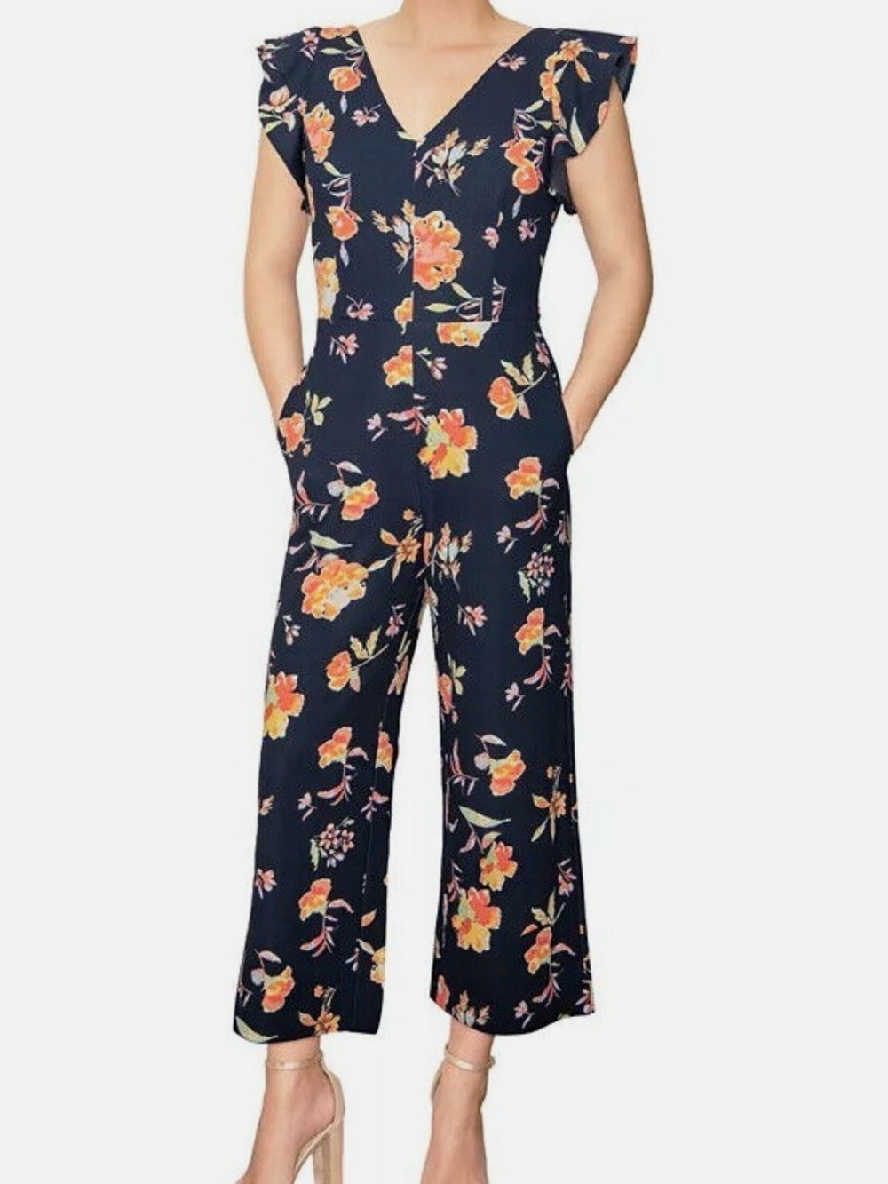 NEW- Rachel Roy Navy Coral Floral V neck jumpsuit pants women’s size L